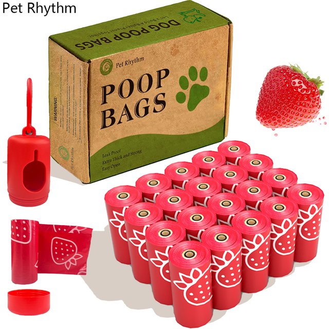 Sacs à excréments photodégrables, extra-épais, résistants aux déchirures, parfumés aux fraises, sacs pour déchets pour animaux de compagnie avec distributeur, coffret cadeau