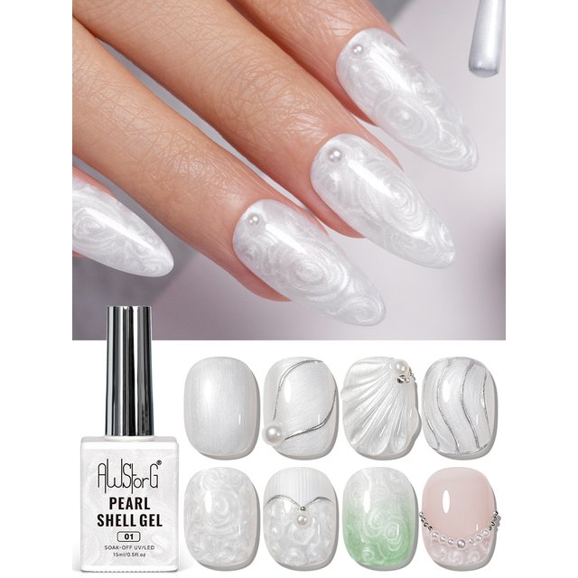 AWStorG Pearl Shell Gel 15ml White Mermaid Swirl UV Gel Pearlescent Drawing Nail Polish Salon DIY Nail Art Manicure Varnish