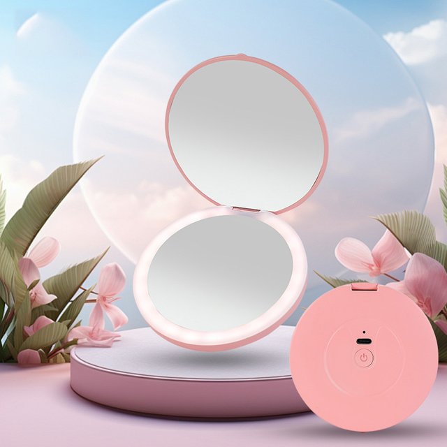 New Mini LED Luminous Makeup Mirror Round Portable Foldable Small Compact Mirror with Light USB Handheld Makeup Lighted Mirror