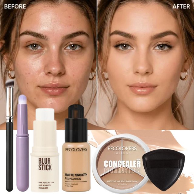 6PCS/SET Flawless Base Makeup Set - Pore Primer, High-Coverage Full Coverage with Concealer BrushLightweight Liquid Foundation