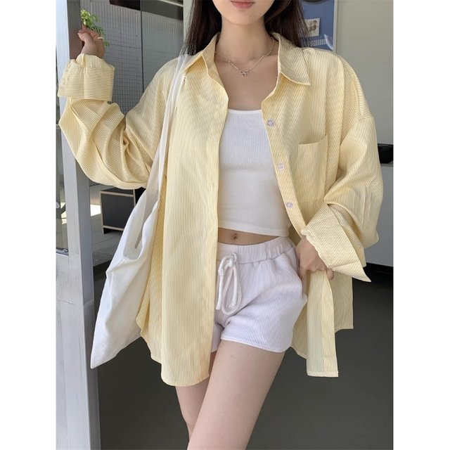 Autumn Sunscreen Women's Shirts Korean Striped Blouse Y2K Streetwear Woman Top Lapel Neck Fashion Casual Button Women's Cardigan