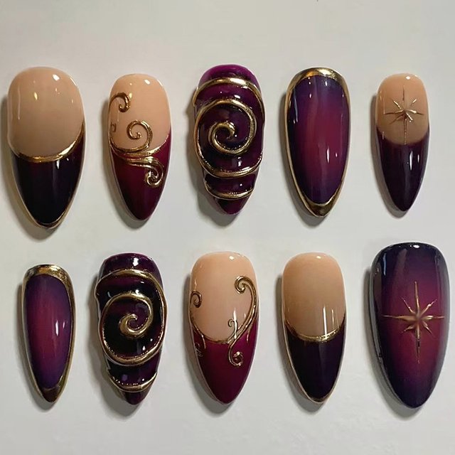 24pcs Golden Lines Patterns False Nails Dark Purple Blush French Fake Nails for Spice Girls Sweet Cool Almond Press On Fall Nail