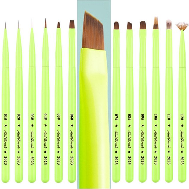 1/12PCS Green Nail Brush Gel Brush For Manicure Acrylic UV Gel Extension Pen Nail Polish Painting Drawing Brush