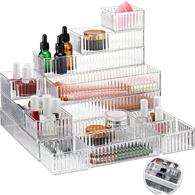 Clear Drawer Organizers Bins, Stackable Makeup and Vanity Drawer Organizer Trays, Acrylic Bathroom Drawer Storage Containers