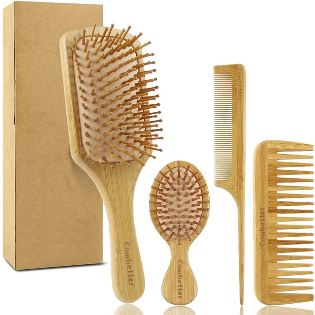 Bamboo Hairbrush and Air Cushion Comb Set, Suitable for Ladies and Grooming, Suitable for All Hair Types, Wide-Tooth and Pointed