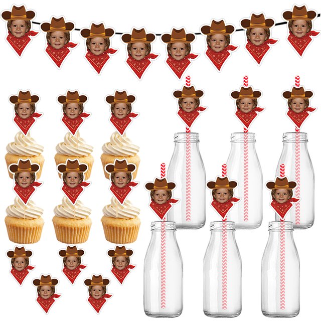 Customized birthday party Western cowboy themed facial photo banner and gift stickers, dessert decoration accessories and straws