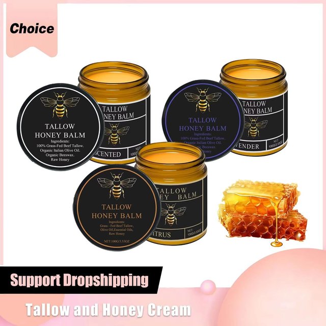 Beef Tallow Face Cream Organic Raw Honey Balm Skin Care Brightening Grass-Fed Natural Whipped Body Moisturizer Hydrating Lotion