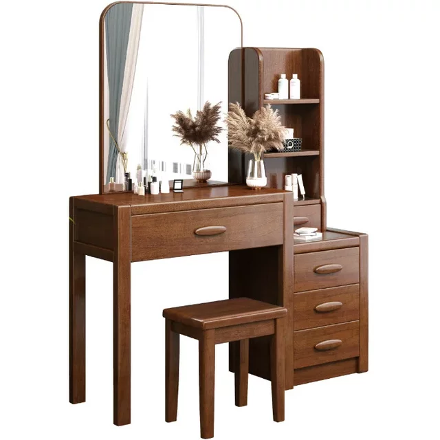Make Up Dressing Retro Walnut Wood Tables Vanity Mirror Dressers Simple Vanity Desk Storage Drawers Cabinet Bedroom Furniture
