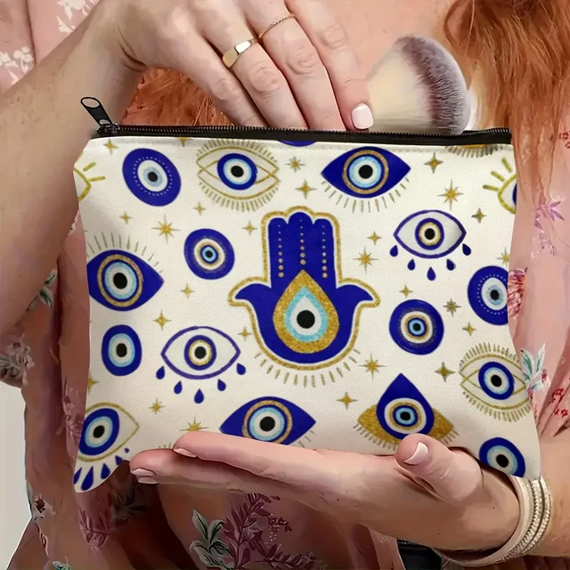 A Hamsa Hand and Evil Eye Designed Makeup Bag - Women's Cute Multifunctional Zipper Pouch
