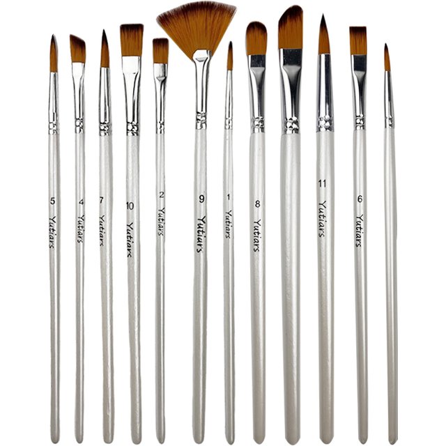 Yutiars 12Pcs Fan Tip Paint Brushes Set White Handle Easy Clean Nylon Hair Brushes For Art Beginners Painting & Drawing Tools