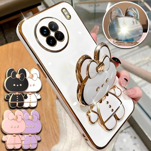 New Cartoon Rabbit Phone Holder with Makeup Mirror for iPhone 17 Samsung S26 Xiaomi Smartphones Desktop Stand Cellphone Bracket