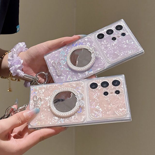 Mirror Case For Samsung Galaxy S26 Ultra S25 FE S24 S23 S22 Holographic Shell Bowknot Makeup Yarn Wrist Strap Shockproof Cover