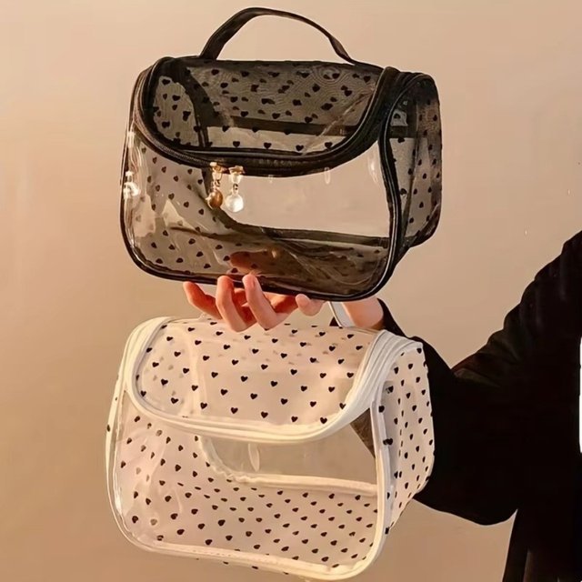 Portable Large Capacity Mesh Makeup Bag Heart Pattern Zipper Toiletry Organizer Transparent Storage Bag Outdoor