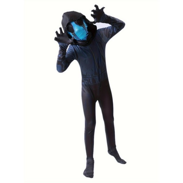 3-12Y Boys Scary Grim Reaper Skeleton Clothes with Full Face Mask and Hood, Horror Party Jumpsuit Outfit for Halloween
