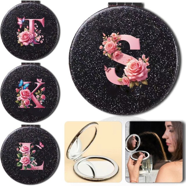 Durable Double Sided Flash PU Mirror Washable Space Saving Beauty Cosmetic Tool Pink Butterfly Initial Name 26 Letters