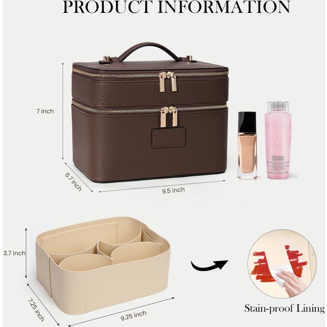Large Capacity Double-layer Luxury Cosmetic Bag for Travel Top Handle Portable Pu Leather Multi Partition Vanity Case