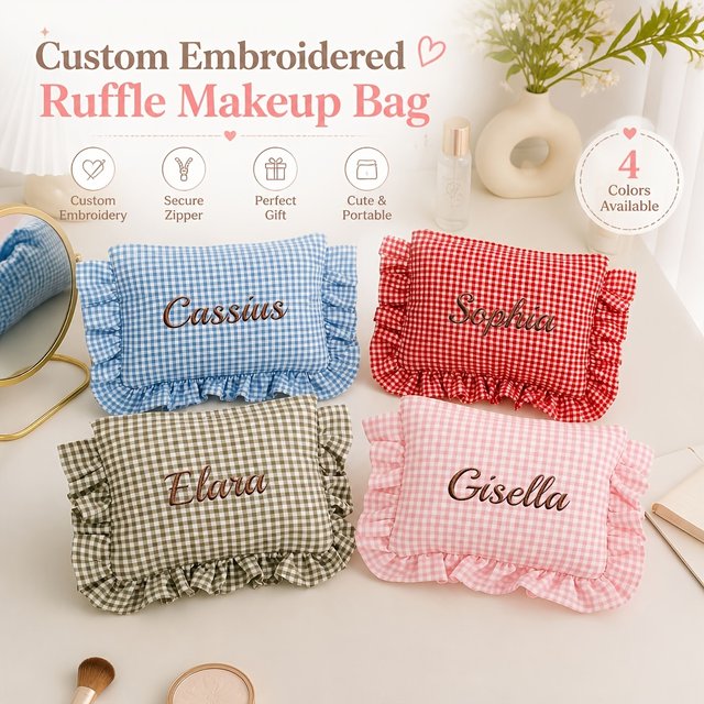 Embroidered Checkered Cosmetic Bag, Thick Stitching Ruffle Edge Toiletry Pouch, Exclusive Bridesmaid & Birthday Gifts for women