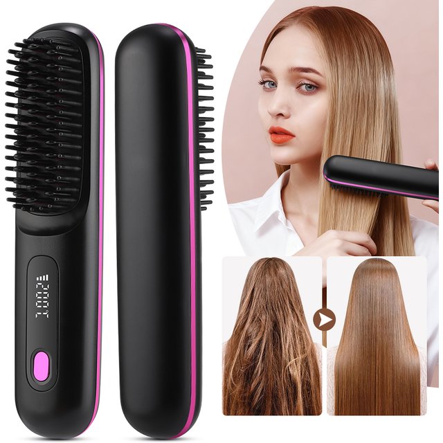 Cordless Hair Straightener Portable Straightener Brush 3 Adjustable Temp Hair Straightening Brush Anti-scald for Hair StylingUSB