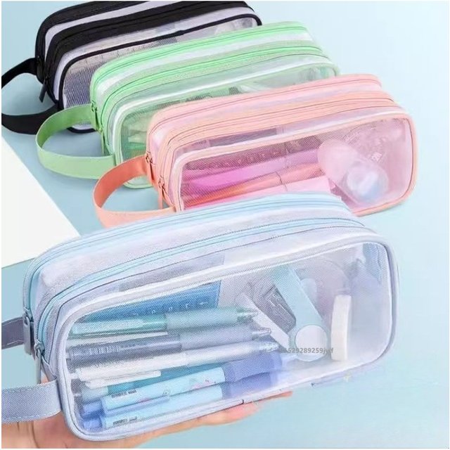 Transparent Mesh Pencil Case Large-capacity Simple Stationery Bag Cute Cosmetic Bag Student Study Office Supplies