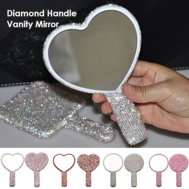 Cute Rhinestone Makeup Mirror Round Square Heart Shape with Handle Cosmetic Hand Mirror Shiny Bling Portable Handheld Mirror