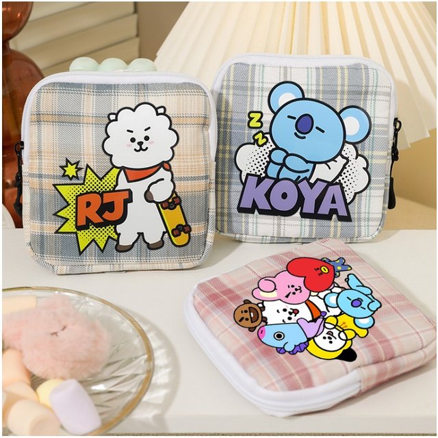 BT21 Storage Bag COOKY TATA Cartoon Fashion Travel Portable Coin Purse Women Grid Lipstick Sanitary Napkin Storage Packet Gift