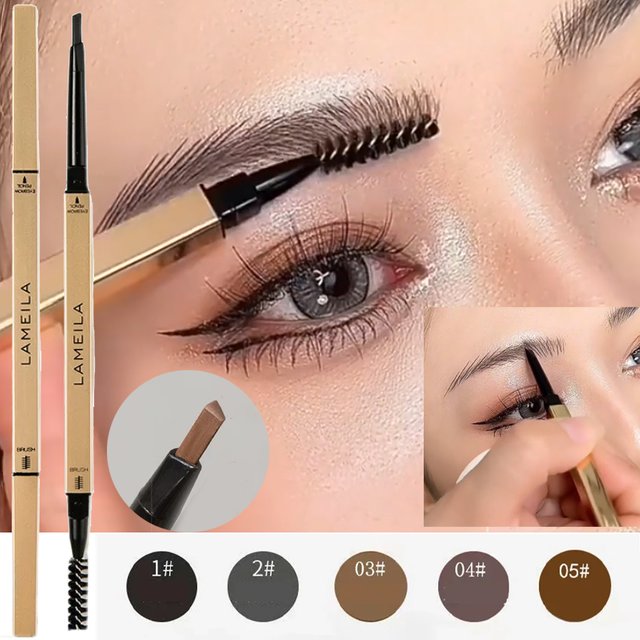 Precise Triangle Eyebrow Pencil Makeup Double Head Non-Smudged Golden Strip Fine Eye Brow Tattoo Pencil Tint with Brush Cosmetic
