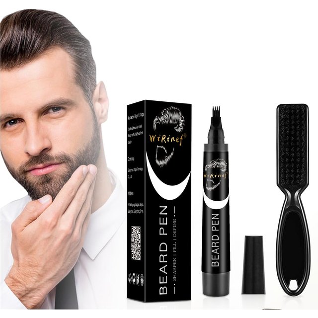 Multi-Pack Bundle Beard Pen Black Kit Barber Styling Pencil with Brush Natural Finish Cover Facial Hair Patches Tool