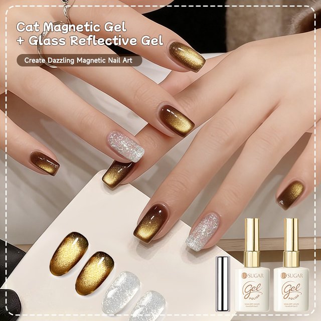 UR SUGAR 2Pcs 15ml Sparkling Gold Sequins Cat Magnetic Gel Nail Polish Set Soak Off UV LED Gel Varnish Nails DIY Manicure Salon