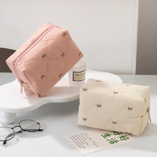 Portable Bow Quilted Makeup Bag Multifunctional Large Capacity Wash Bag Cosmetic Organizer Women