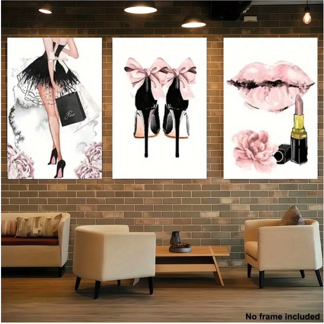 3pcs Set Women's Pink & Golden Glossy Nail Polish & High-Heel Shoe Canvas Wall Art Posters - Minimalist Black & White Female Leg