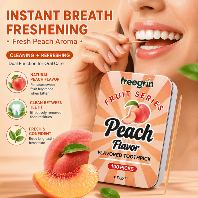 100pcs in Box Peach Flavored Bamboo Toothpicks Premium Natural Individually Wrapped Fresh Breath Dental Picks Oral Care Sticks