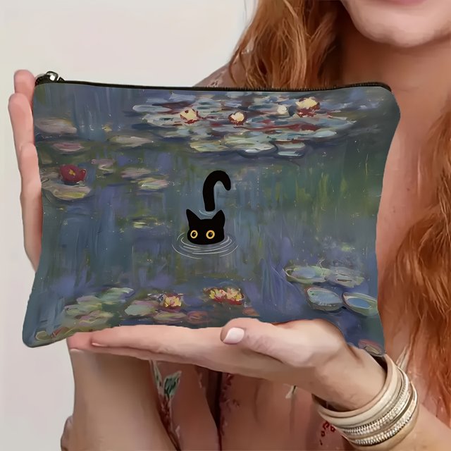 Water Lilies & Black Cat Cosmetic Bag - Monet-Inspired Art Design- Perfect Gift for Cat-Loving Women, Sisters, Cat Lover Gifts