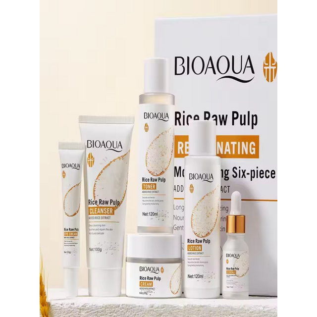 Bioaoua 6pcs Rice Protoplasm Grape Skincare Set Face Serum Cream Hydrating Moisturizing Cleanser Toner Anti Age Face Care Set