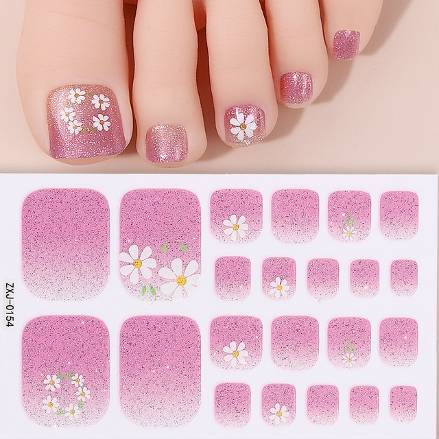 22Tips Baking Free Toe Nail Sticker Spring Summer Glitter Flowers Full Cover Toenail Polish Strips Adhesive DIY Foot Decals