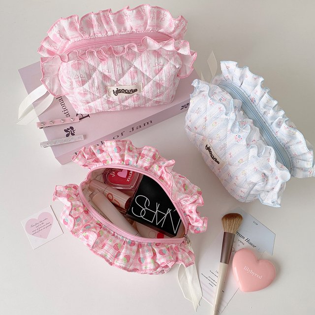 Ruffles Bow Quilted Cosmetic Storage Bag Large Capacity Polyester Cotton Makeup Organizers for women Girls Travel