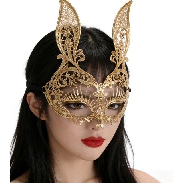Masque de mascarade en dentelle métallique en forme de lapin, masque d'Halloween en filigrane avec oreilles de lapin et strass, style vénitien pour cosplay et mascarade