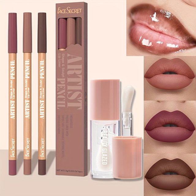 4pcs Matte Lipliner Lip Gloss Combo -Moisturizing Plumping Lip Oil Lip Liner Set Waterproof & Matte Lip Liner Pencil
