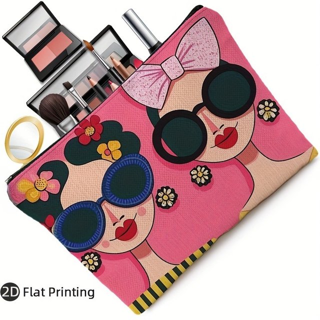Women's Cosmetic Bag - Zippered Makeup Organizer with Pink Floral Girls Design, Durable Polyester Makeup Pouch for Travel