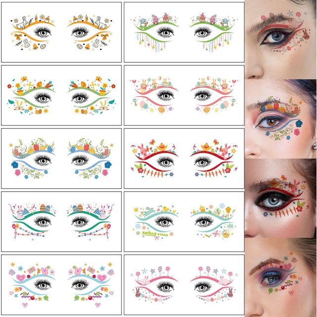 10 Pieces, Easter Series Temporary Eye Tattoo Stickers, Easter Bunny Egg Decorative Patterns, Waterproof Fun Party Makeup Tattoo