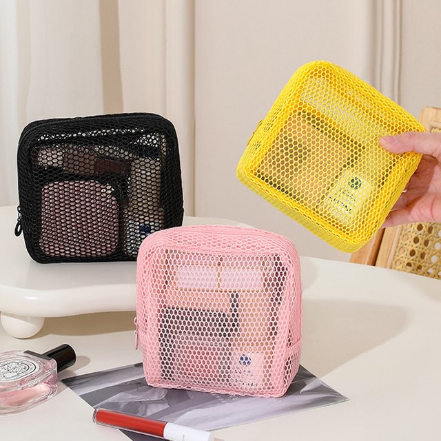 Square Mesh Cosmetic Bag Portable Lipstick Cosmetic Storage Bag with Zipper Multi-purpose Sundries Storage Bag Cute Student Case