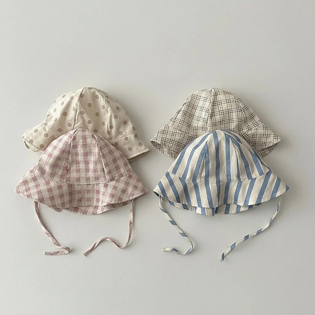 Korean Plaid Baby Bucket Hat Vintage Striped Dot Print Fisherman Cap for Kids Boy Girl Summer Wide Brim Sunscreen Hats