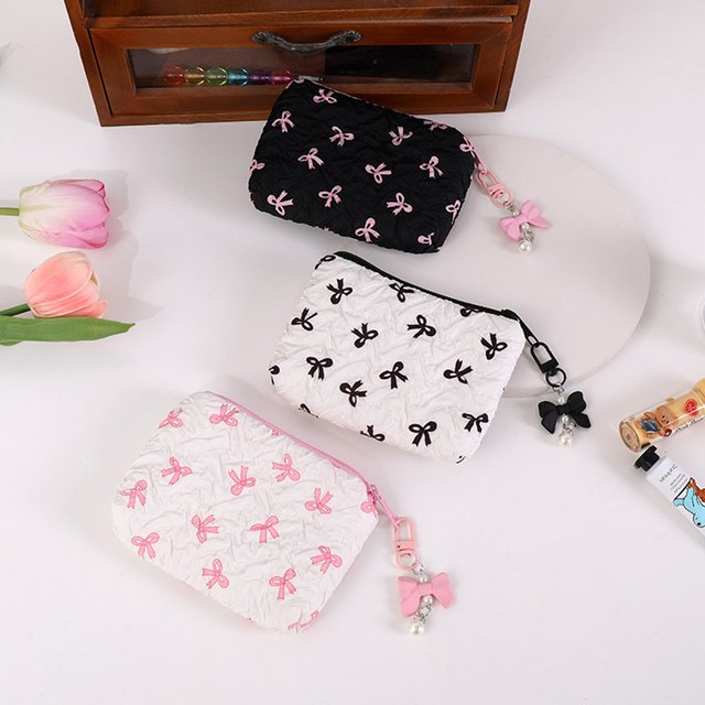 Cute Bow Fabric Makeup Bag, for women Cosmetic Pouch Cardt, Portable Lipstick Earphone Travel Organizer Small Clutch Purse