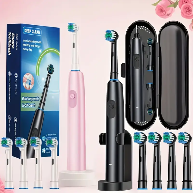 Electric Rotating Toothbrush for Adults with 4/8pcs Brush Heads Deep Cleaning Whitening Rechargeable 2 Min Timer Smart Timer