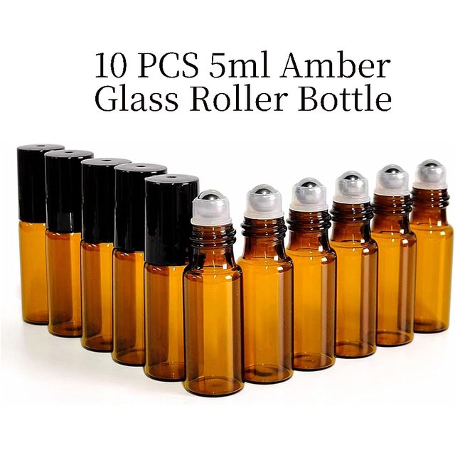 10-Pack 0.17 oz Amber Glass Roll-On Bottles Stainless Steel Rollers Black Caps Perfect for Travel Perfumes and Cosmetic Samples