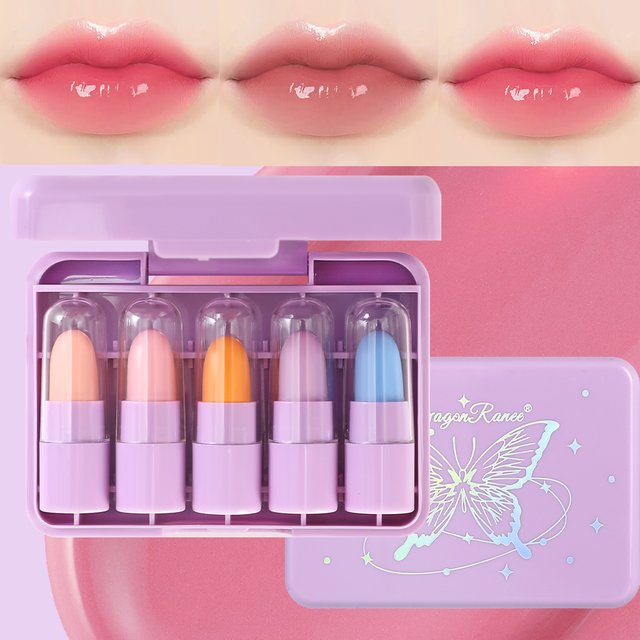 A Set of 5 Mini Lipstick Lip Gloss Cute Portable Moisturizing Color Changing Moisturizing Lip Balm Autumn and Winter