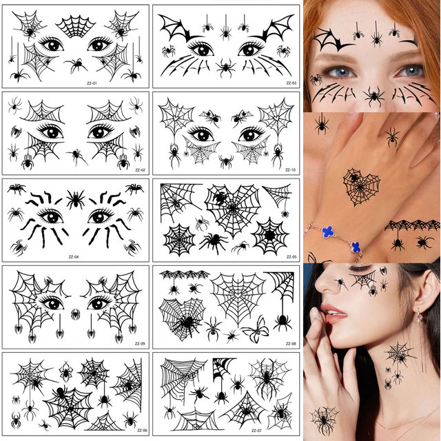 10 Sheets Halloween Eyebrow Stickers Spider Web Tattoo Stickers Body Makeup Waterproof Temporary Tattoo Halloween Fake Tattoo