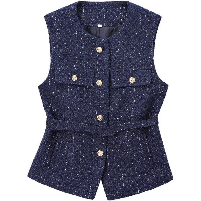 Petit vent parfumé mode paillettes Design gilet femmes élégant sans manches mince simple boutonnage gilet avec ceinture r24