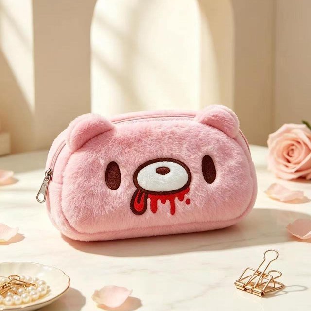 Gloomy Bear Fluffy Plush Cosmetic Bag, Embroidery Zipper Makeup Pouch, Multifunctional Coin Purse Stationery Storage