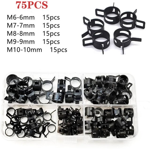 75/80Pcs/set 6-10mm Q673B Vacuum Spring Fuel Clip Oil Water Hose Pipe Tube Clamp Black Assortment Kit with Storage Box