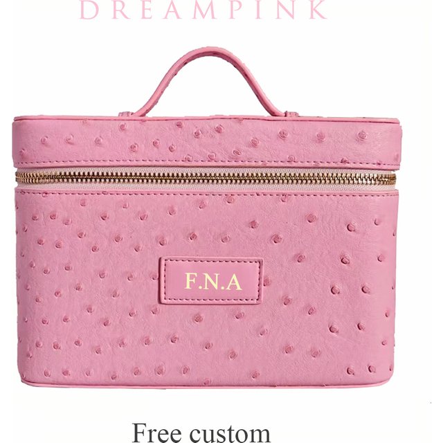 Luxury Ostrich Mock Women Makeup Vanity Bag Custom Name Large Capacity Cosmetic Organizer Box With Handle Travvel Toiletry Bag